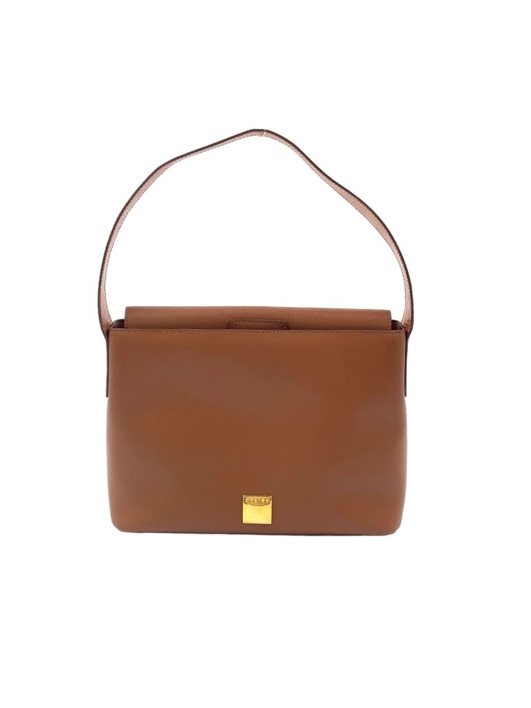 Celine Logo Plate Leather Brown Shoulder Bag Gold